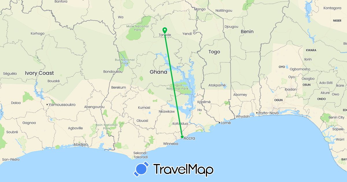 TravelMap itinerary: driving, bus in Ghana (Africa)
